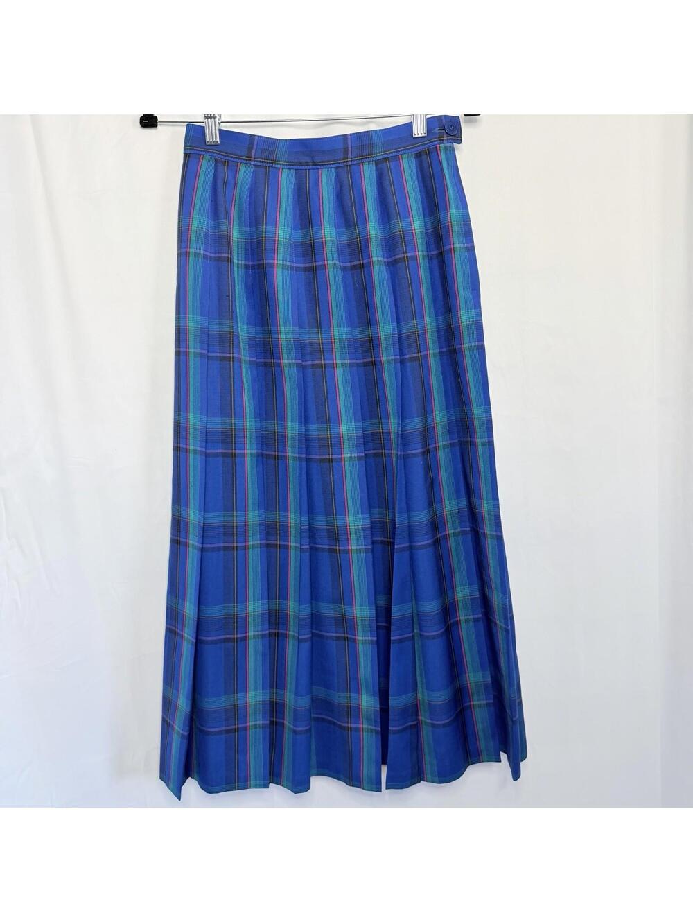 Vtg Pendleton Blue Plaid Virgin Wool Pleated Midi Skirt Size 8 Academia Preppy